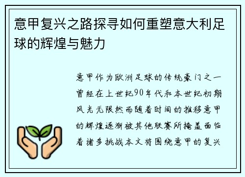 意甲复兴之路探寻如何重塑意大利足球的辉煌与魅力