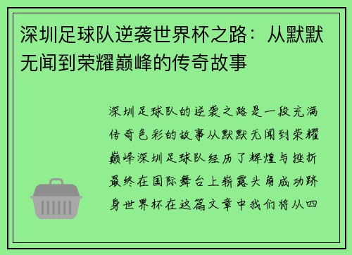 深圳足球队逆袭世界杯之路：从默默无闻到荣耀巅峰的传奇故事